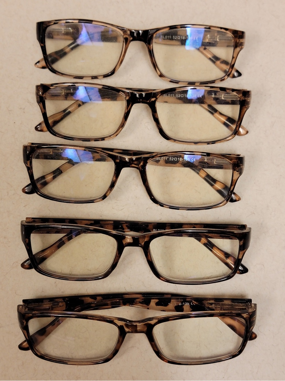 Set of Five Tortoiseshell Rectangular Reading Glasses - Brown